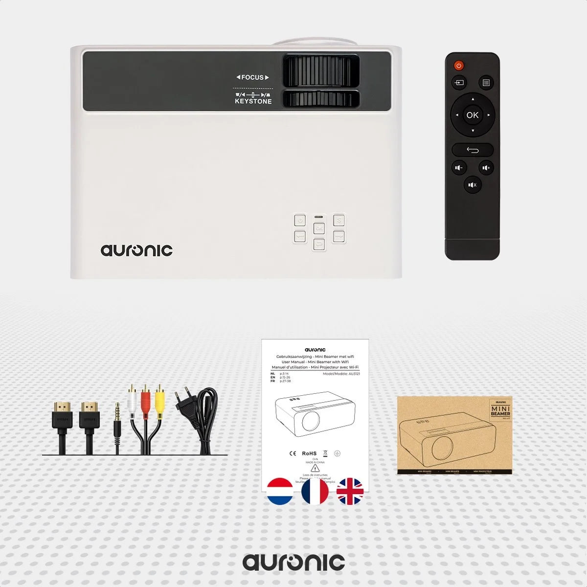 Auronic Mini Beamer - 4500 Lumen - WiFi - 200 inch Projector - HD Ready - HDMI-kabel, Afstandsbediening en Draagtas - Wit