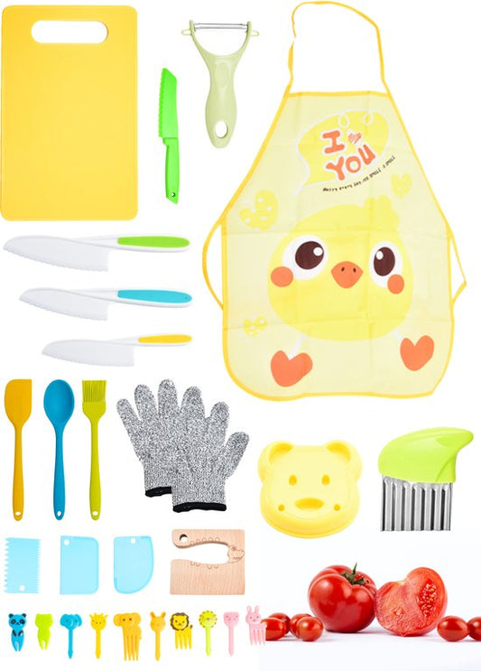 Nuvance - Kindermessenset - 17-Delige Kookset - Kiddikutter - Kinderbestek met Snijplank, Schilmesje, Kindermes, Frietsnijder & Kookschort - Kiddicutter - Koken voor Kinderen - Keukengerei