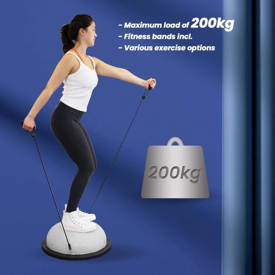 DH FitLife Balansbal – Yoga Balanstrainer Ø60 cm, Halve Gymbal met Weerstandsbanden & Pomp, Belastbaar tot 200 kg – Evenwichtsboard Fitness – Grijs