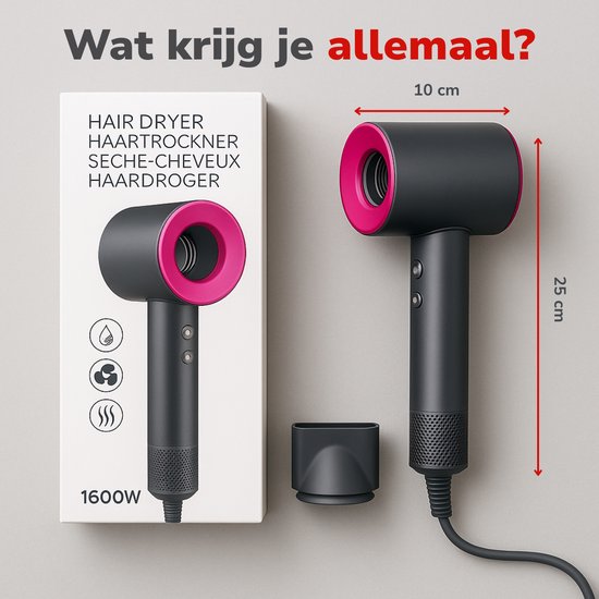 alpina Ionische Haardroger 1600W - Fohn met 3 Warmte Standen - Haar Droger met Cool Shot en Zelfreiniging - Hairdryer met 360° Magnetische Opzetstuk - Ionentechnologie - Grijs