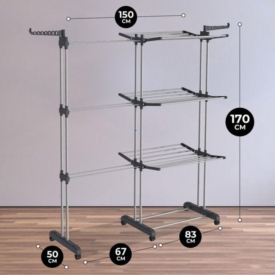Vonia Droogtoren - Droogrek - Wasrek - Wastoren Dubbel - 3 Lagen - Inklapbaar - 150 x 50 x 171 cm - Grijs