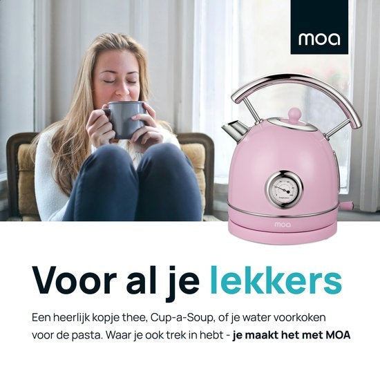 MOA Waterkoker Retro - 1.8L - RVS - BPA vrij - 2200W - 21.30x21.40x28.60 cm - Pastel roze
