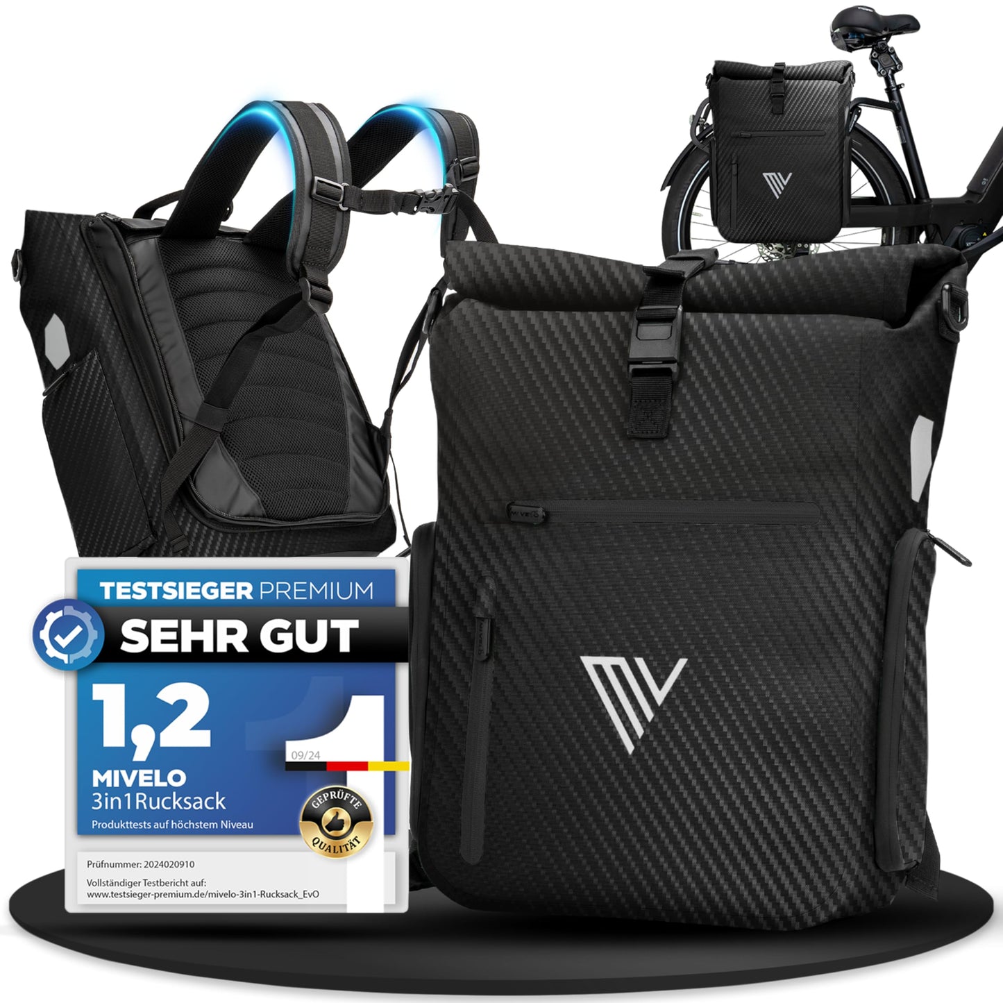 MIVELO EVO 25L 3 in 1 fiets tas voor bagage drager - rugzak en schoudertas - 100% waterdicht - Zwart Carbon
