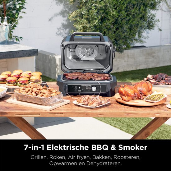 Ninja Woodfire Pro Connect XL - 7-in-1 Elektrische Smart BBQ Grill en Smoker - Inclusief Digitale Braadthermometer - Connect App - OG901EU