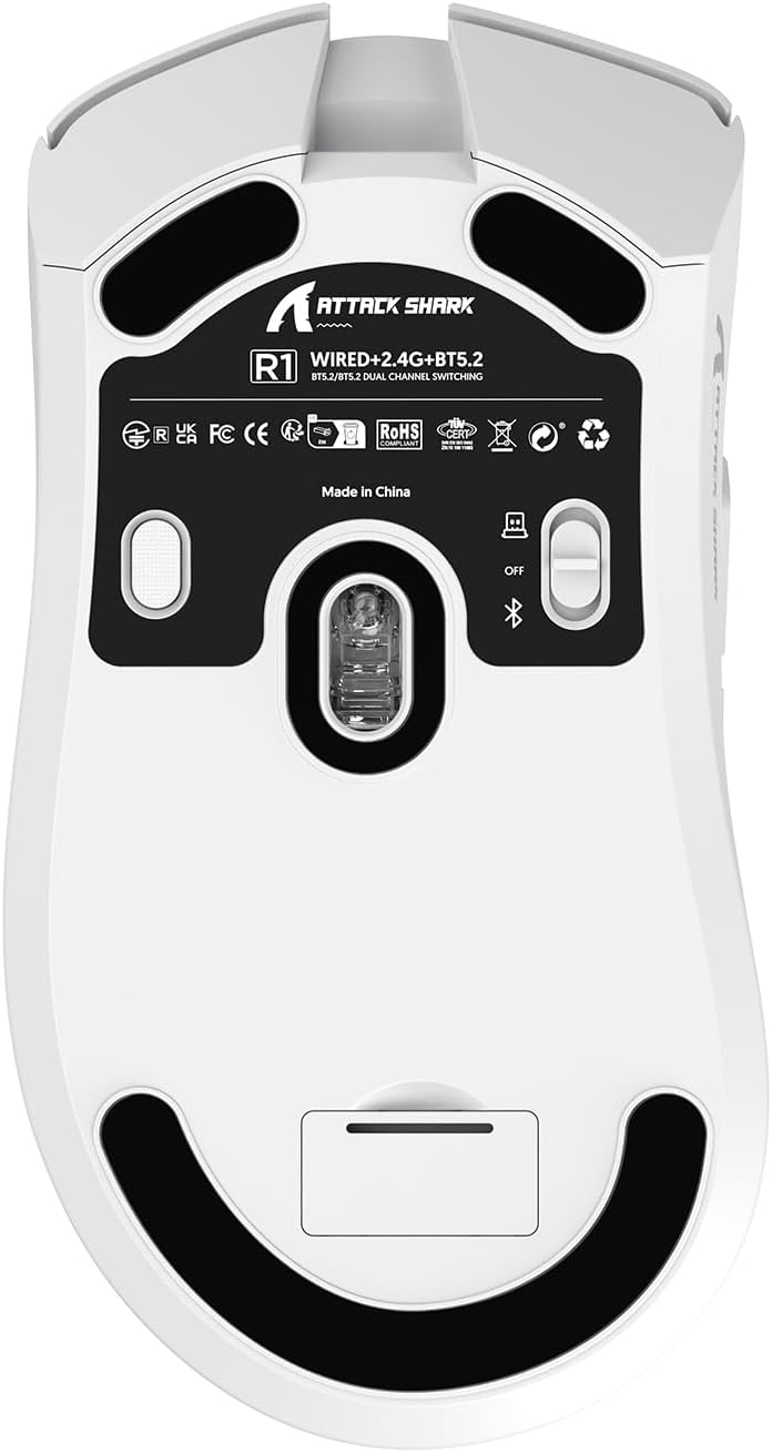 ATTACK SHARK R1 Superlight Gamingmuis 59g – Wit – 12,2 × 6,4 × 3,8 cm – Draadloos & Bedraad – Tot 18.000 DPI – 65 Uur Batterijduur