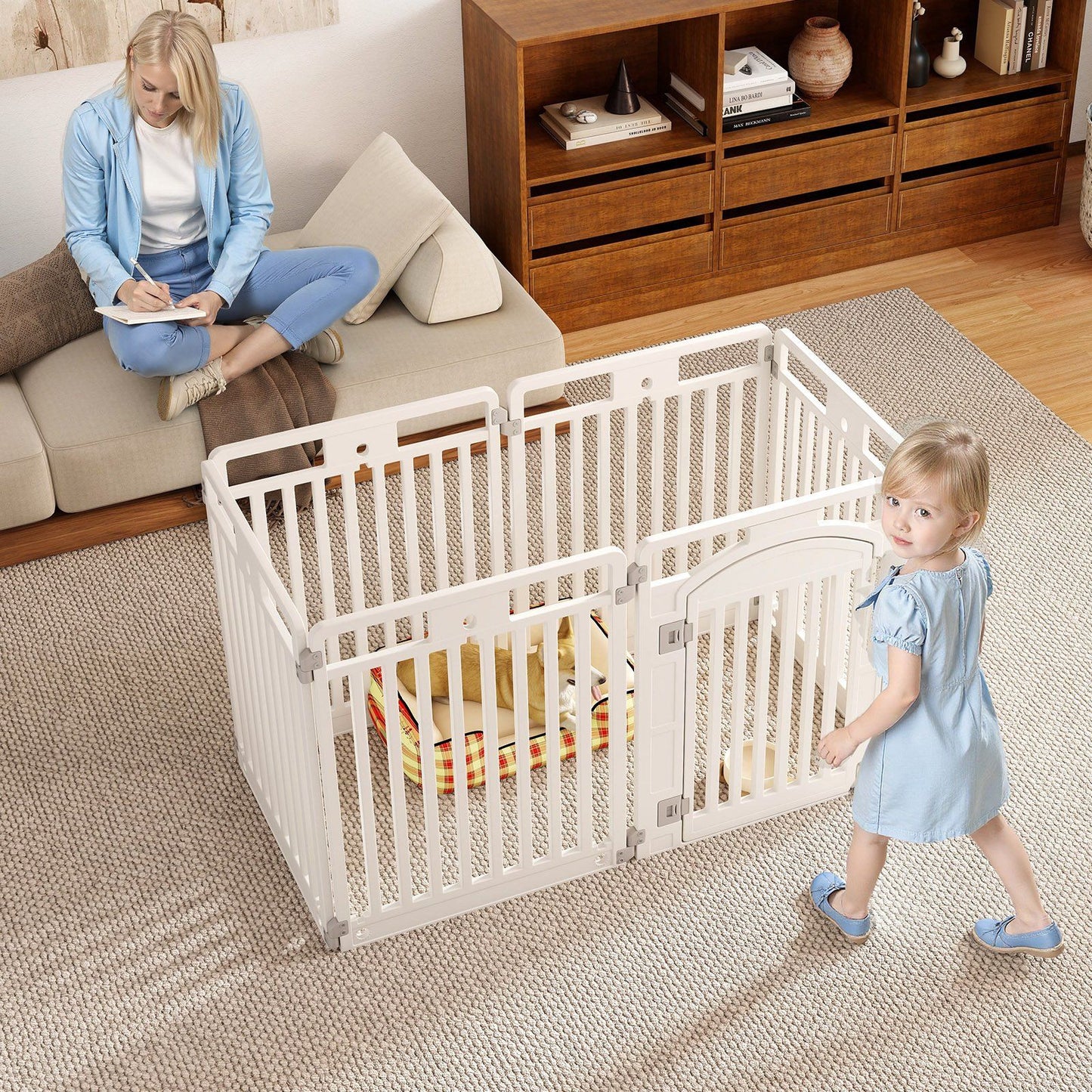 coast Vouwbare Puppyren 129 x 65 x 81 cm – Wit – 6 Panelen met Afsluitbare Deur & Grondpennen