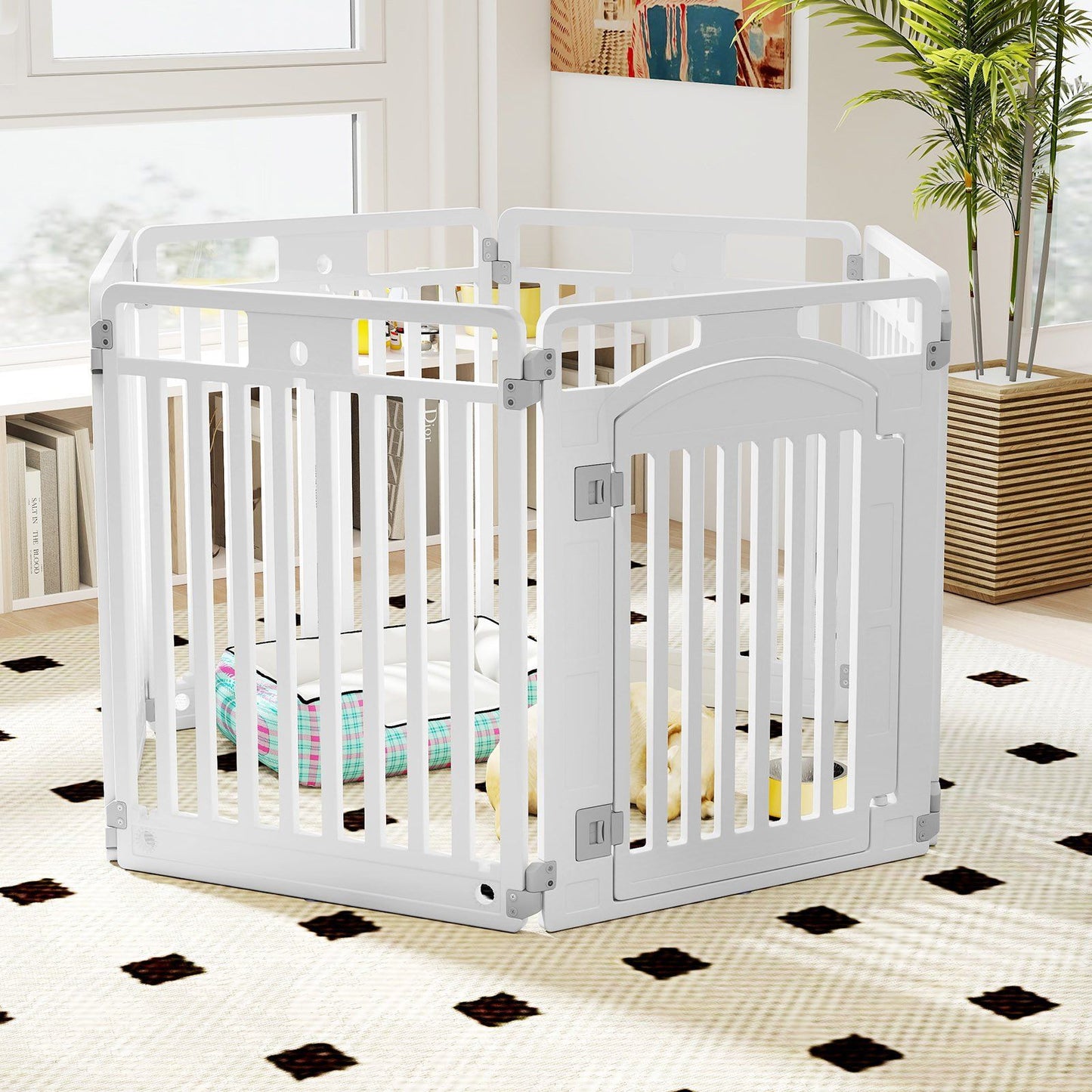 coast Vouwbare Puppyren 129 x 65 x 81 cm – Wit – 6 Panelen met Afsluitbare Deur & Grondpennen