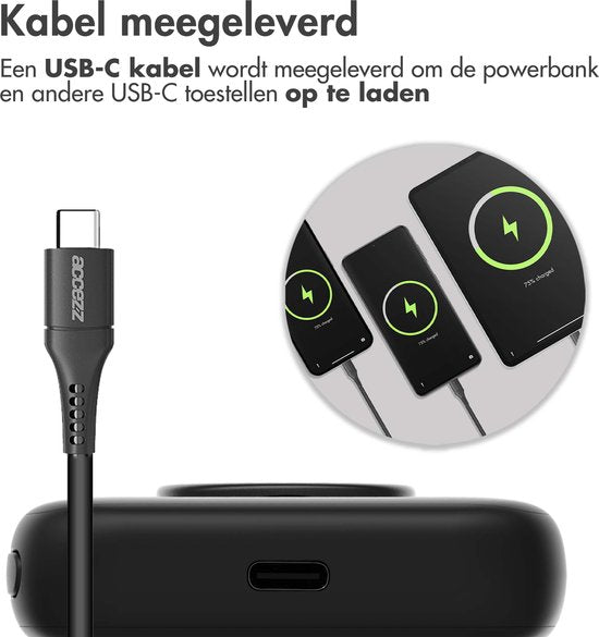 Accezz Powerbank Geschikt voor Magsafe 5000 mAh - Batterij LED-display - USB C - 18 Watt - Draadloze Powerbank Geschikt voor iPhone 12/13/14/15 - Zwart