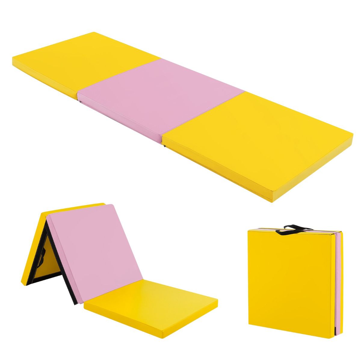 Coast Gymnastiekmat - 3-Laags - Opvouwbaar - Antislip - 180 x 60 x 5 cm - Geel met Roze