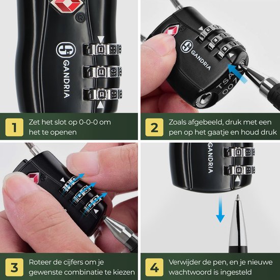 Gandria Hangslot voor op Reis - TSA Slot - Reisslot 2 Stuks - Cijferslot met 3 Cijfers - Kofferslot 3 Cijferig - Zinc Alloy Staal
