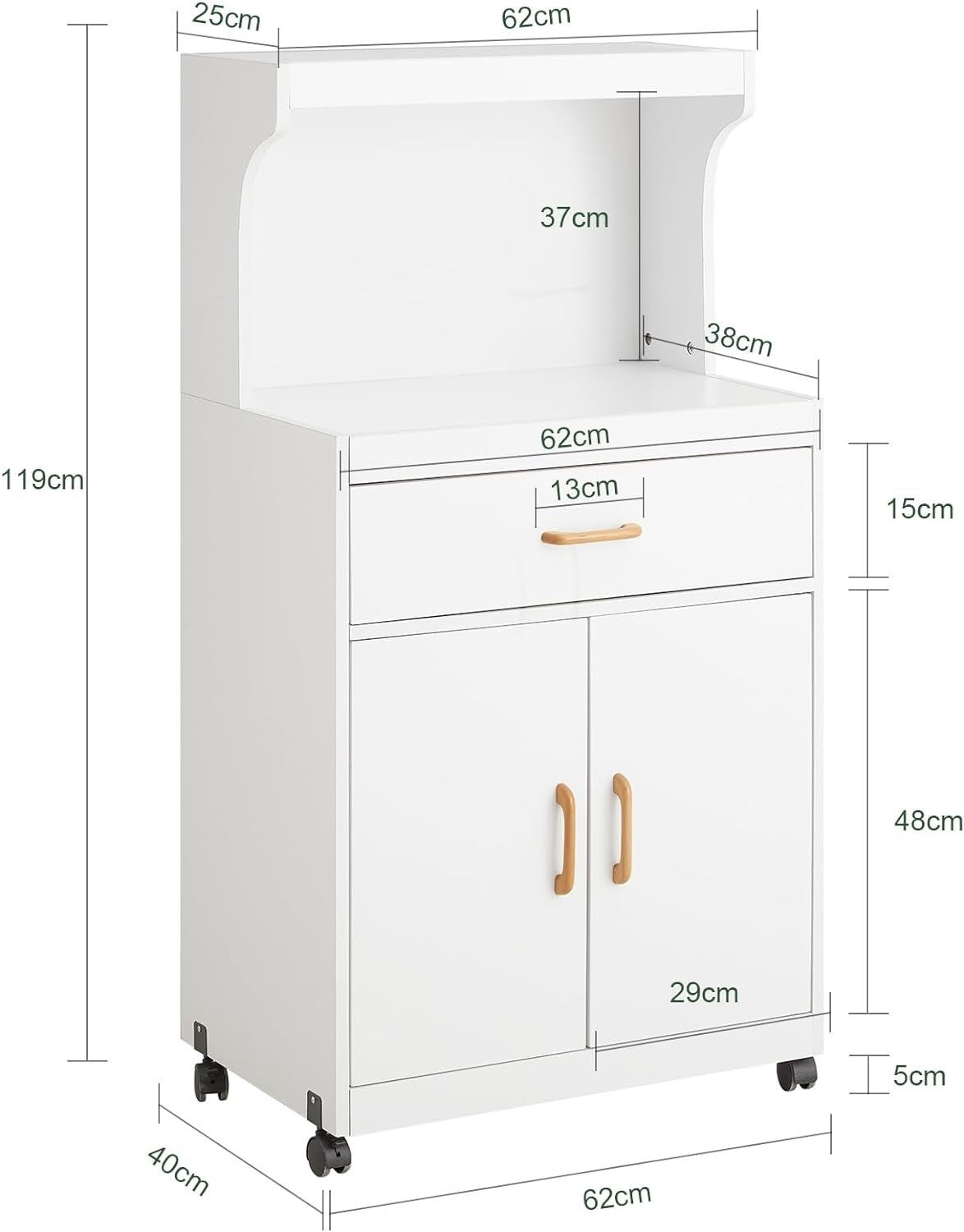 SoBuy Magnetronkast met 1 lade - Max. 60 kg - MDF - Met zwenkwielen - 62 x 40 x 119 cm - Wit