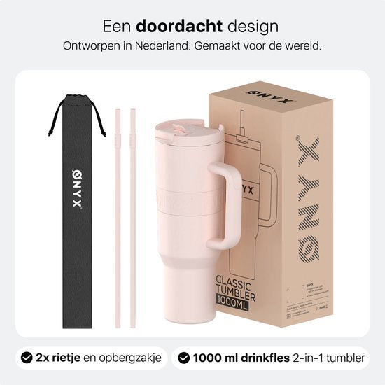 ONYX Drinkfles met Rietje 1 Liter - Waterfles voor Kinderen & Volwassenen - Thermosbeker RVS Travel Mug - Motiverende Drinkbus - Drinkbeker voor School - Candy Pink