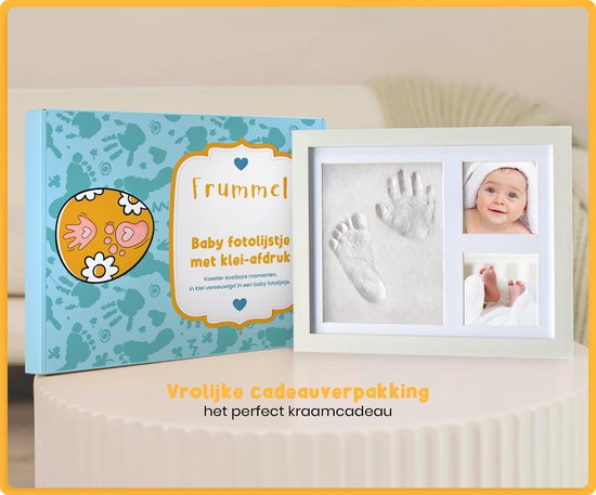 Frummel Baby Fotolijstje met Klei Afdruk (Gipsafdruk baby) - Beter dan gips afdruk - Klei Afdruk Baby Voet en Hand - Kraamcadeau Meisje / Kraamcadeau Jongen - Babyshower
