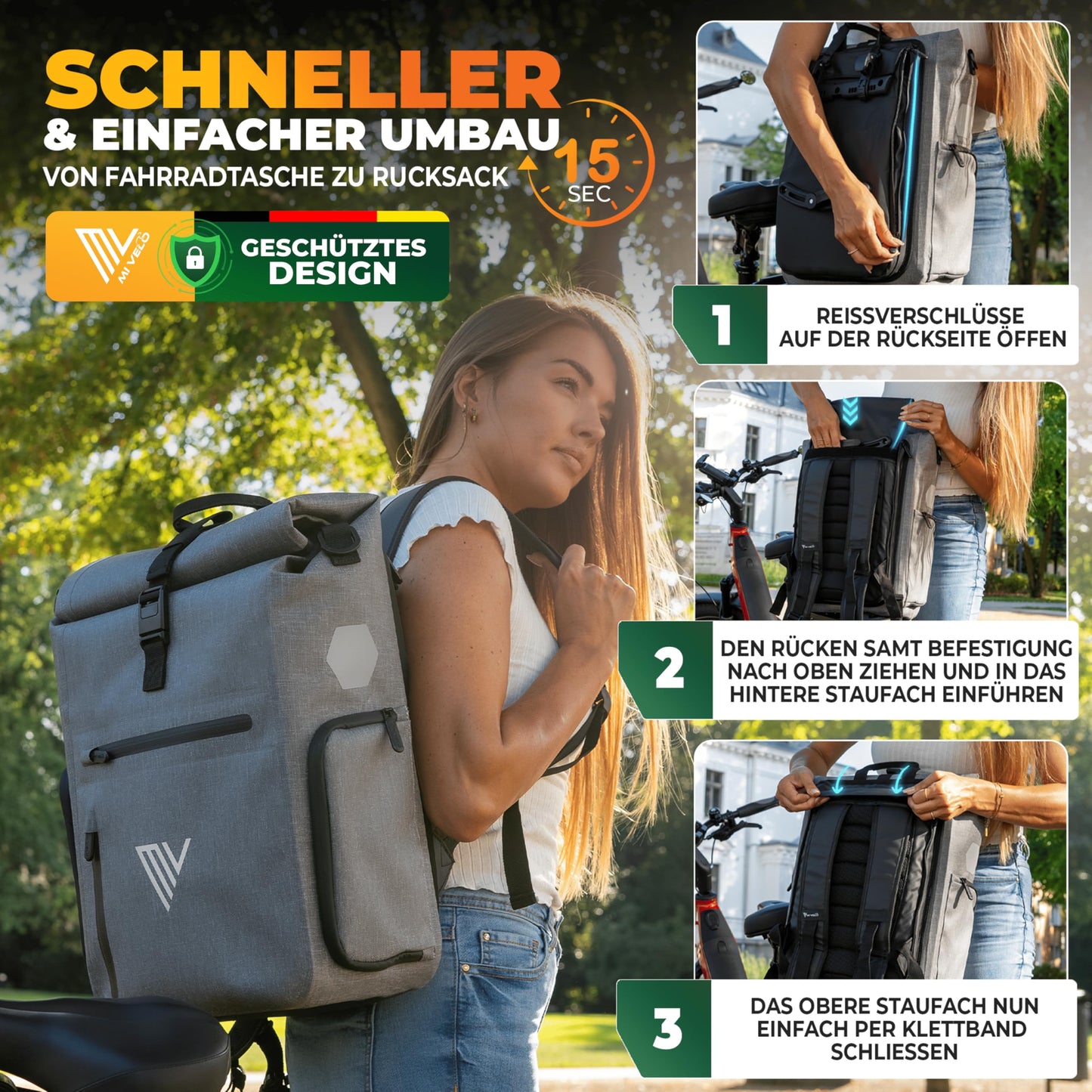 MIVELO EVO 25L 3 in 1 fietstas voor bagagedrager - rugzak en schoudertas - 100% waterdicht TPU - grijs