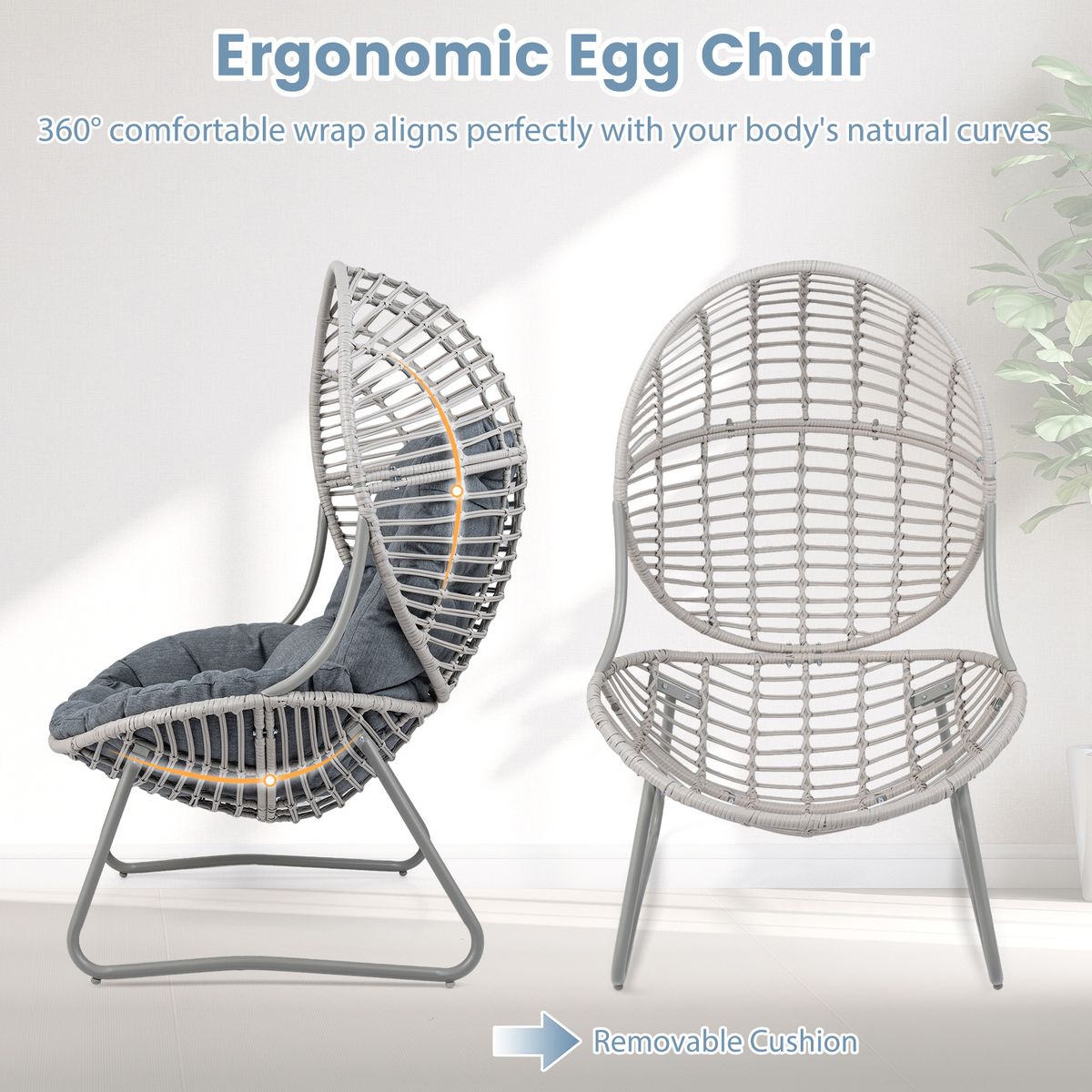 Coast Loungestoel van rattan - ei-vormig ontwerp - afneembare kussens - grijs