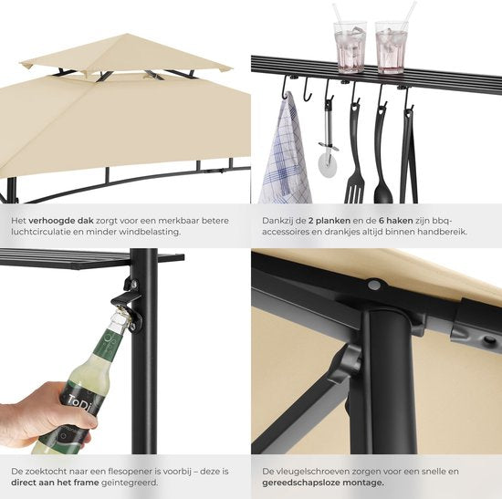 tectake® Barbecue Paviljoen - BBQ Overkapping - 240 x 150 x 250 cm - Tuinpaviljoen - Weerbestendig - UV-Bescherming - Dubbel Daksysteem - Gazebo met Ophanghaken, Roosterplanken en Flesopener - Grillpaviljoen - Zandkleur