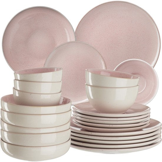 tectake® Serviesset Mare - 24-delig - Aardewerk met Glanzend Glazuur - 6 Persoons - Handgemaakt Servies - Moderne Bordenset met Grote en Kleine Borden, Kommen, Schaaltjes - Vaatwasser- en Magnetronbestendig - Roze