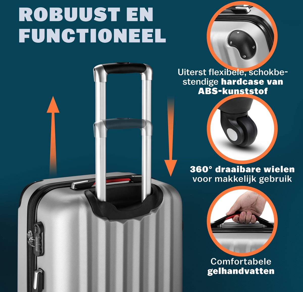 Monzana Kofferset Baseline 3-Delig – Voorzien Van 360° Dubbele Zwenkwielen En Cijferslot En Telescopische Handgreep – Voor Reis En Vakantie – Zilver ABS-Kunststof – M, L & XL