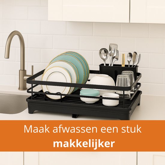 LaCardia Afdruiprek - Zwart afwasrek met Lekbak en Bestekhouder - RVS Afwasdroogrek voor Afwas