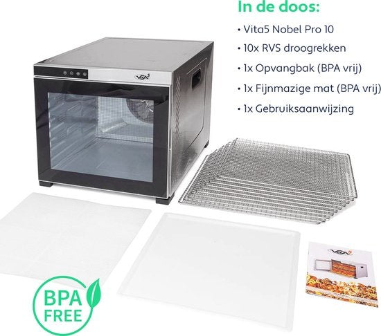Vita5 Nobel Pro 10 XXL Droogoven - Dehydrator 10 Laags - RVS - 24-Uurs Timer - Led-bedieningspaneel - 1000 Watt - Zilver - 53x54x43 cm