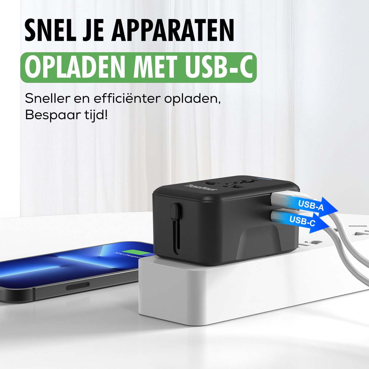 TravelHawk Universele Wereldstekker Zwart - USB-C & USB Poort - Voor 150+ Landen - Compact 7,5 x 5 x 3,5 cm