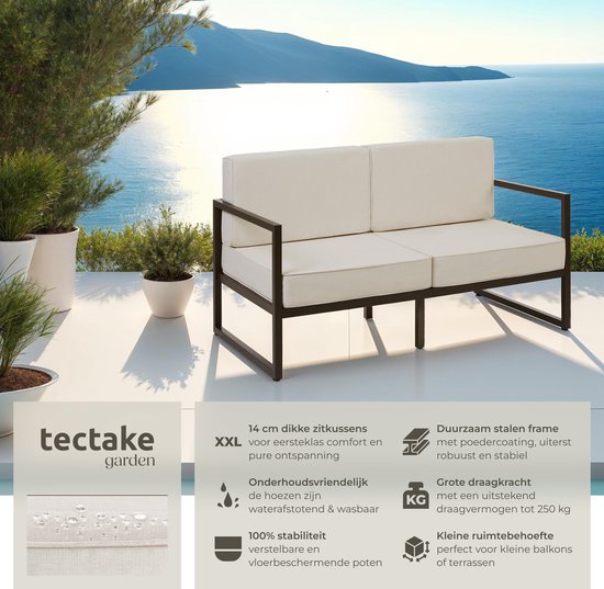 tectake® - Tuin-loungebank Comosa - Voor 2 personen - Tuinbank - 2-zits Loungesofa - Waterafstotende en ultradikke zit-en rugkussens - Draagkracht 125kg per zitplaats - Bruin/beige