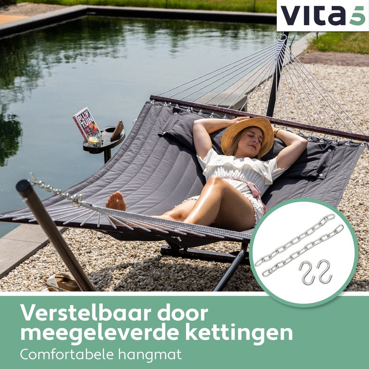 Vita5 Hangmat met Standaard en Spreidstok – 2 Persoons – incl. Bekerhouder - Afneembaar kussen – uv-bestendig – Donkergrijs