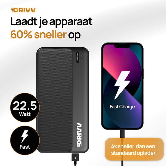 Drivv. Powerbank 10.000 mAh - 22.5W snellader - Fast Charge USB 3.0 - USB C - Geschikt voor Samsung / iPhone / meer - Zwart