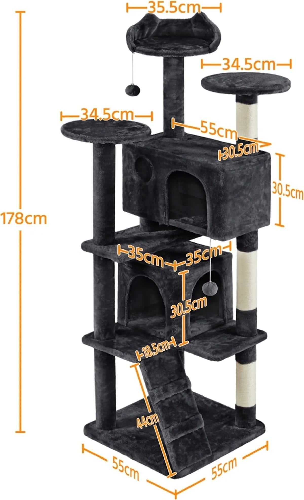 Yaheetech Krabpaal met 2 Grotten - 178 cm hoog - 54 x 54 cm - Zwart
