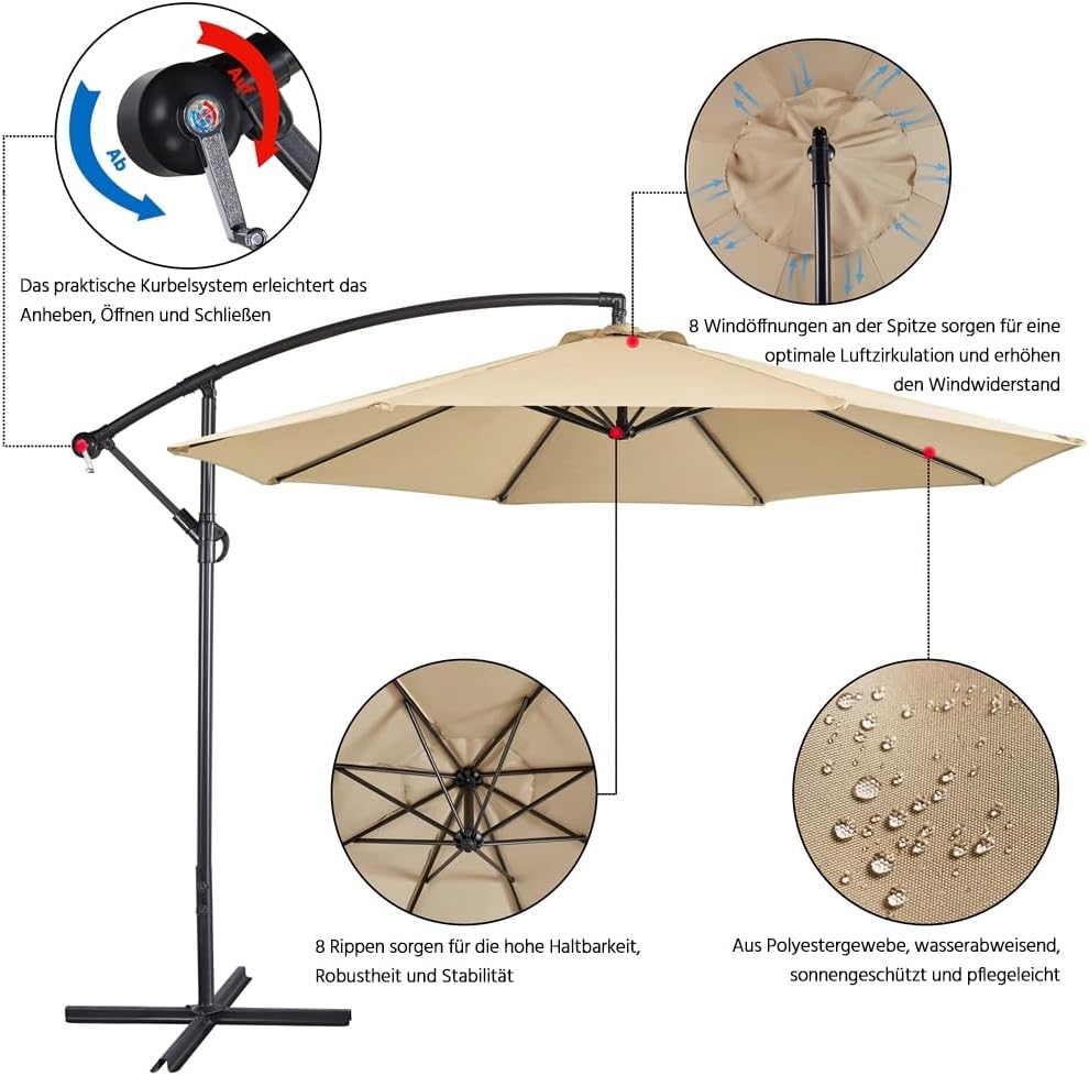 Yaheetech Zweefparasol 300 cm - Octagonaal - Polyester - Met Slinger en Kruisvoet
