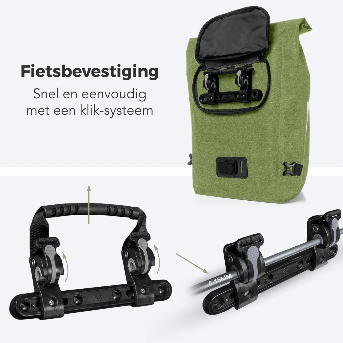 LifeGoods Enkele Fietstas - Compact - Schoudertas en Rugtas - 25L - Ronde Bagagedragers - Waterdicht - Olijfgroen