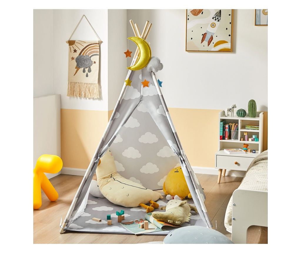 SoBuy Kindertipi Speeltent met Vloermat - Indiaanse Speeltent voor Kinderen - 118x118x160 cm