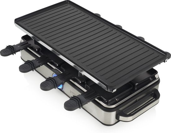 Princess Gourmetstel 162645 - Raclette 8 Personen - Regelbare thermostaat - 1400W - 2 meter snoer - Omkeerbare Bakplaat - 8 pannetjes - RVS