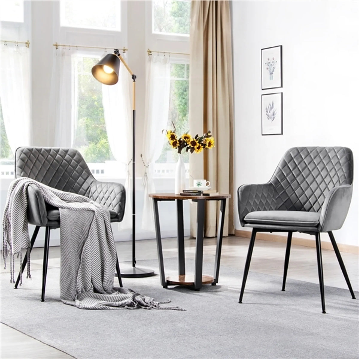 Yaheetech Eetkamerstoelen Set van 2 - Lichtgrijs - Fluweel - Met Armleuningen - 120 kg - 57,5 x 58 x 86,5 cm