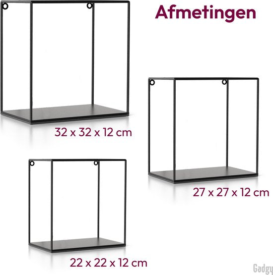 Gadgy Vierkante Wandrekken Industrieel - Set van 3 - Metaal - 32, 27 en 22 cm - Zwart