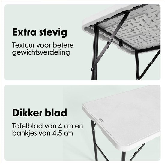 LifeGoods Inklapbare Picknickset - 124cm x 61,5cm - Tuintafel met 2 Banken - Weerbestendig - Campingtafel - Biertafel Opklapbaar - Voor Binnen en Buiten - Voor 4 tot 6 Personen - Wit