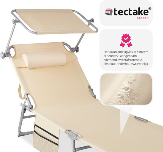 tectake® - ligbed Zonnestoel ligstoel - 4 standen , inklapbaar – beige - 68 x 190 x 28 cm, met zijvak