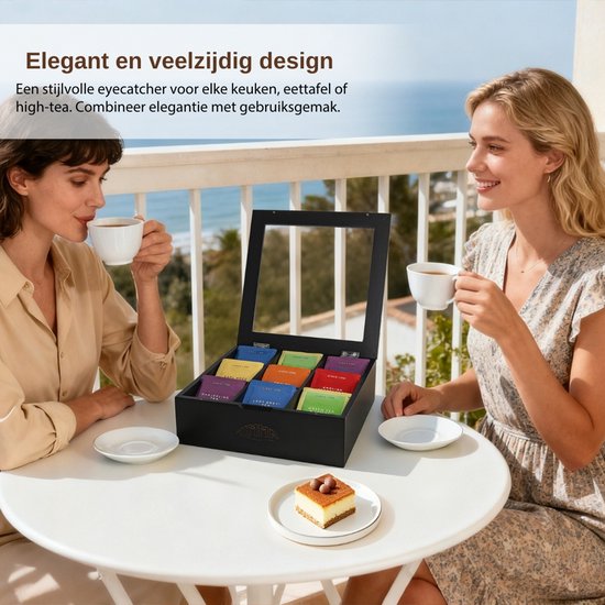 Theedoos - 9 Vakken - Theedoos Hout - Transparant Plexiglas Deksel - Magnetische Sluiting - Luxe Thee Doos - Schuine Vakjes - Bamboe - van Nimma