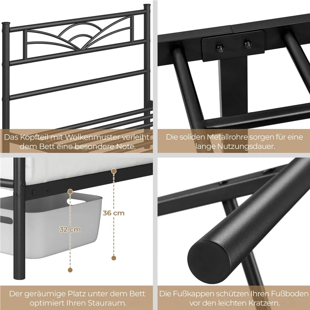 Yaheetech Metalen Bedframe 90 x 200 cm - Zwart - Met Wolkenpatroon Hoofdbord
