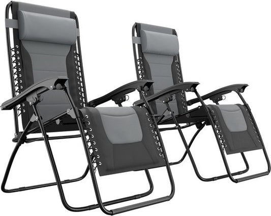 LifeGoods Ligstoelen Comfort - Opvouwbaar - 30°-90° Verstelbaar - Beker en Telefoonhouder - Tuinstoelen - Zwart/Grijs