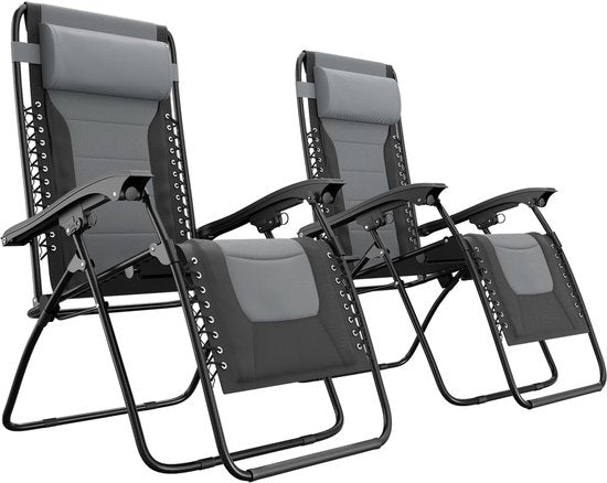 LifeGoods Ligstoelen Comfort - Opvouwbaar - 30°-90° Verstelbaar - Beker en Telefoonhouder - Tuinstoelen - Zwart/Grijs