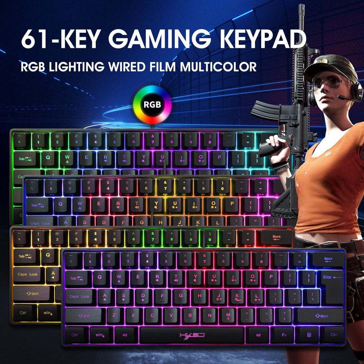 HXSJ V700 RGB Membraan bedrade gaming toetsenbord - 61keys - Qwerty - Zwart