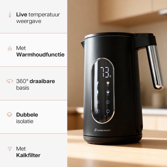 HomeShift® Waterkoker met Temperatuurregeling - Warmhoudfunctie - Dubbelwandig - Elektrisch - 1,7 Liter - 2200W - Zwart