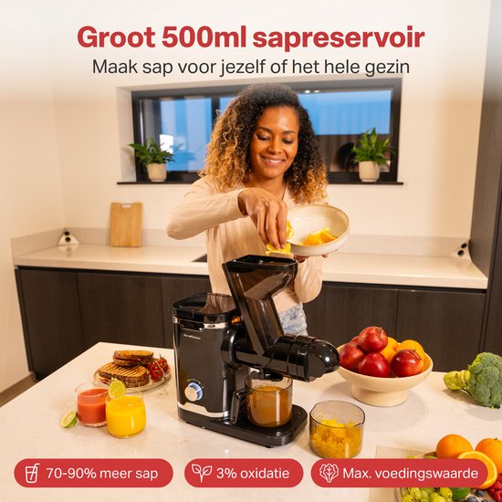 AoraKitchen Slowjuicer - met Omkeerfunctie - Sapcentrifuge - 500 ML - Juicer - voor Groenten en Fruit - Fruitpers - Zwart