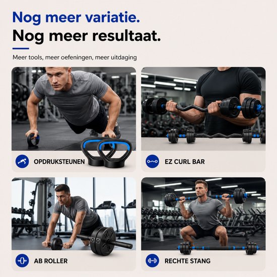 Sportfloww Dumbbells 28.5 KG – Halterset - Gewichten Set met Kettlebell, Barbell, EZ curl bar & AB roller – Verstelbare dumbells
