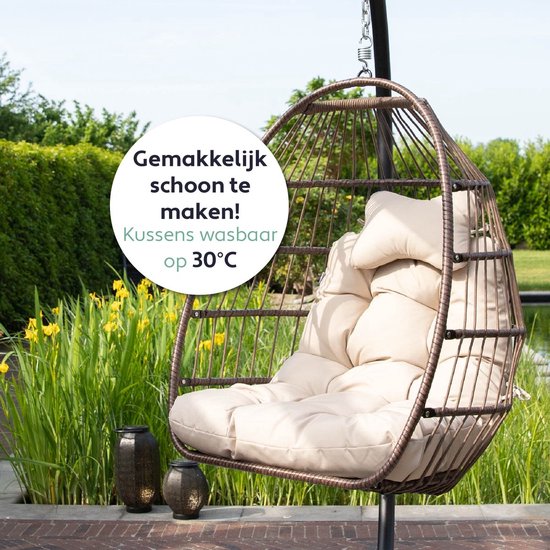 Vita5 Egg Hangstoel – Voor Binnen en Buiten – tot 150kg – Opvouwbaar - Incl. Standaard & Kussen – Cocoon Stoel - Crème Wit