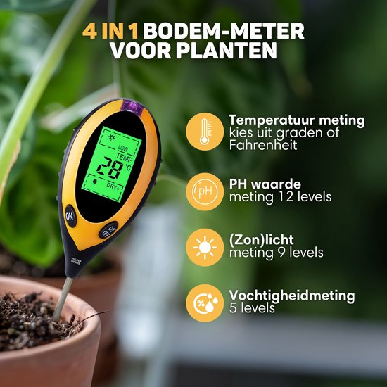 Vulpes Goods® Vochtmeter voor Planten - 4-in-1 - Vochtigheidsmeter - Binnen en Buiten - Hygrometer voor Kamerplanten - - pH, Lichtmeter, Temperatuurmeter en Vochtigheidsmeter - Vochtmeter Grond - PRO versie - Incl. Batterij