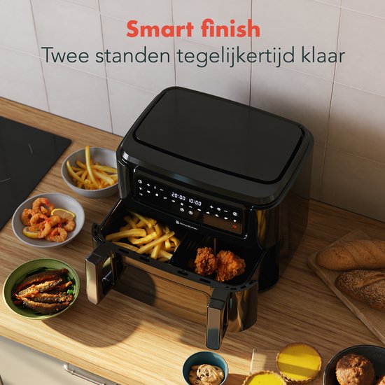 KitchenBrothers Airfryer XXL Dual Zone - 9L - 2400W - Heteluchtfriteuse - Snackverdeler - 50ºC tot 200ºC - 10 Kookprogramma's - Zwart