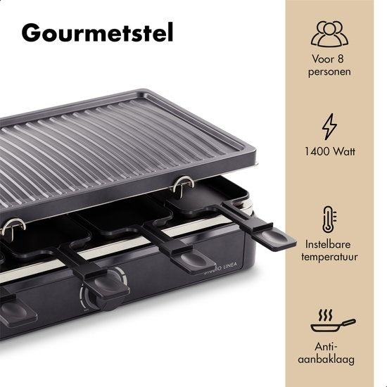 Studio Linea SLGRILL30BK Gourmetstel - 8 Personen - 1400 Watt - Gourmetpannetjes en Gourmetplaat met Antiaanbaklaag - Raclette