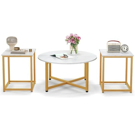 Coast 3-Delige Salontafelset - Wit/Goud - Rond 80x42cm - Vierkant 40x40x50cm